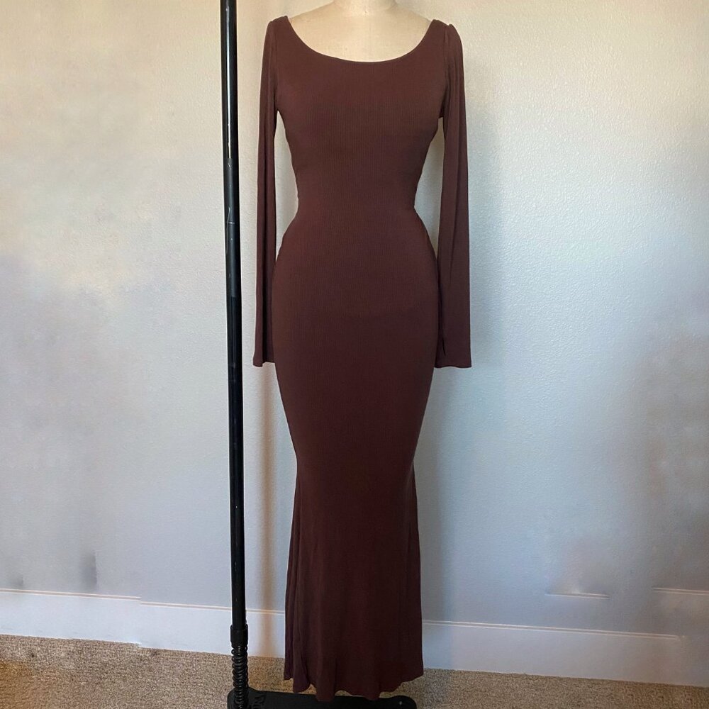 TA3 Scoopy Long Sleeve Rib Mermaid Dress - Mocha Short (Small)